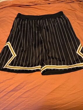Mitchell & Ness Black Pinstripe Athletic Shorts with White and Gold Accents